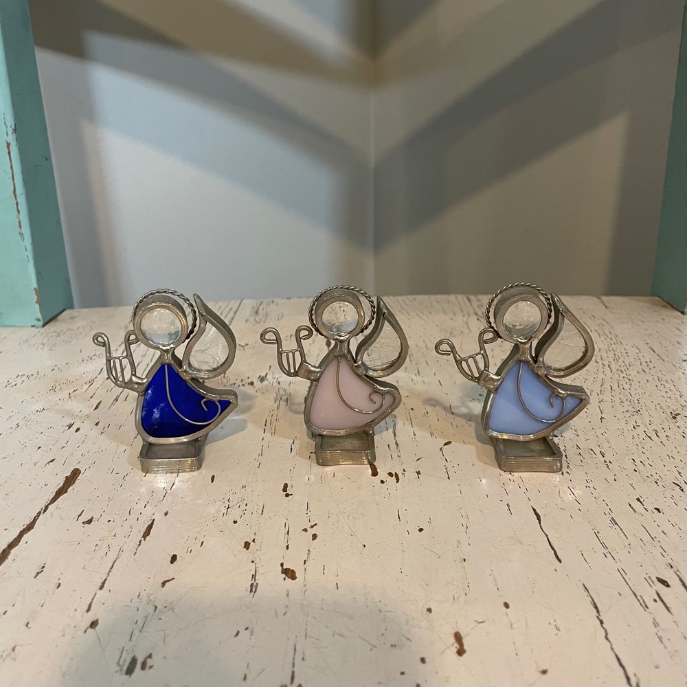 VTG Set‎ of 3 Stained Glass Angel Figurines with Harps Blue Pink Silver 2 in